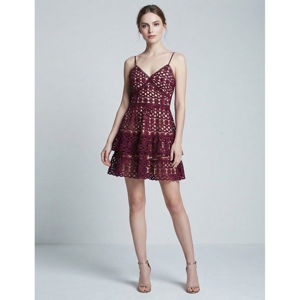 Lulus Burgundy Floral Crochet Lace Tiered Mini Dress Wine Red Size M